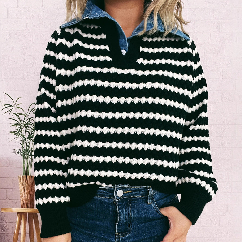 Denim Patchwork Lapel Knitted Stripe Color Block Sweater