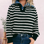 Denim Patchwork Lapel Knitted Stripe Color Block Sweater