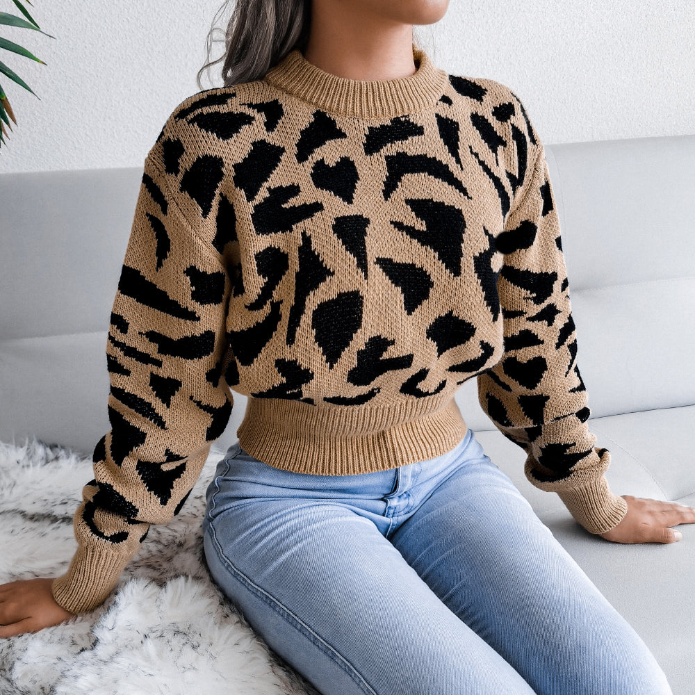 Leopard Print Cinched Knit Cropped Sweater
