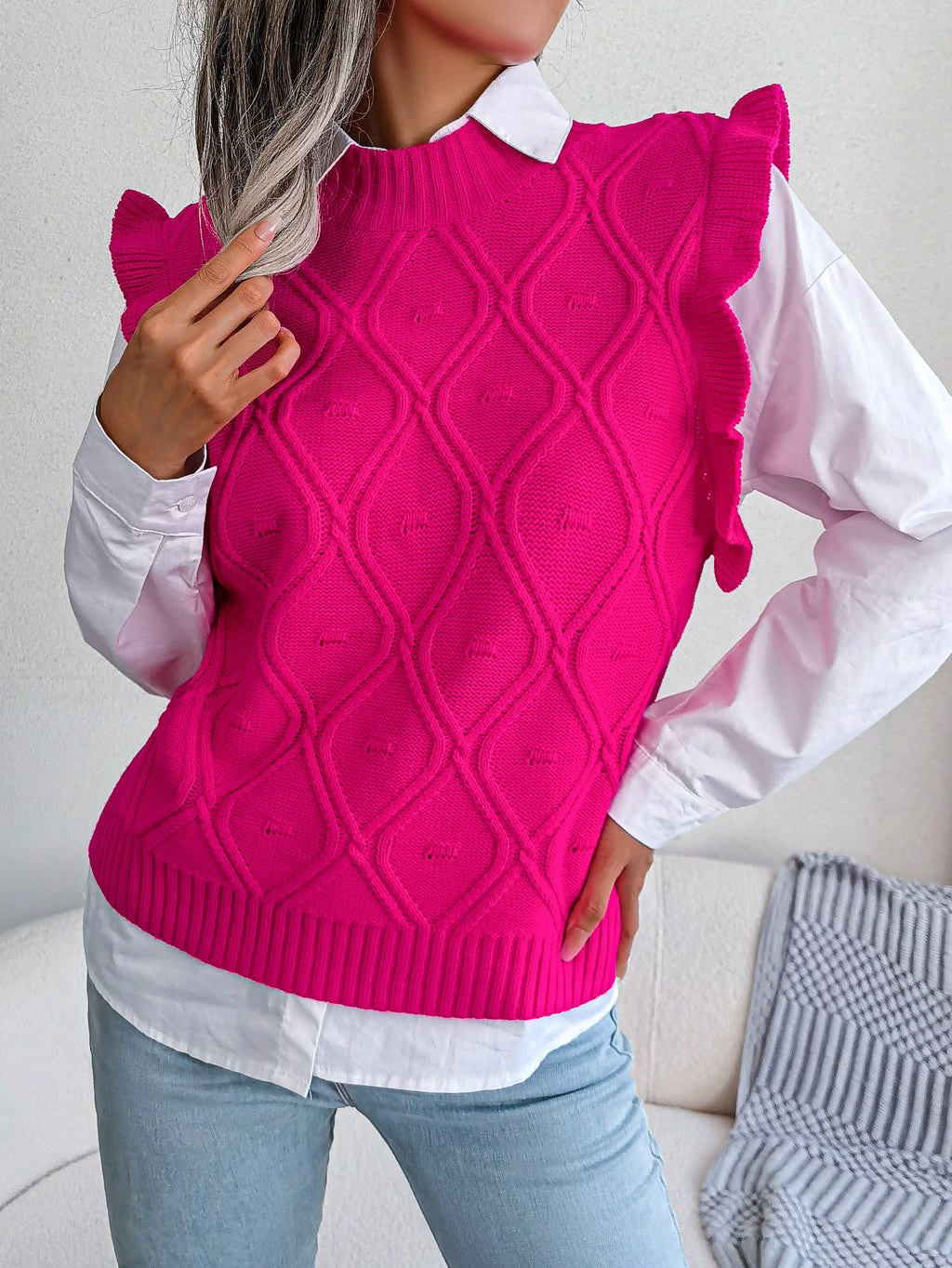 Ruffled Diamond Knit Sweater Vest