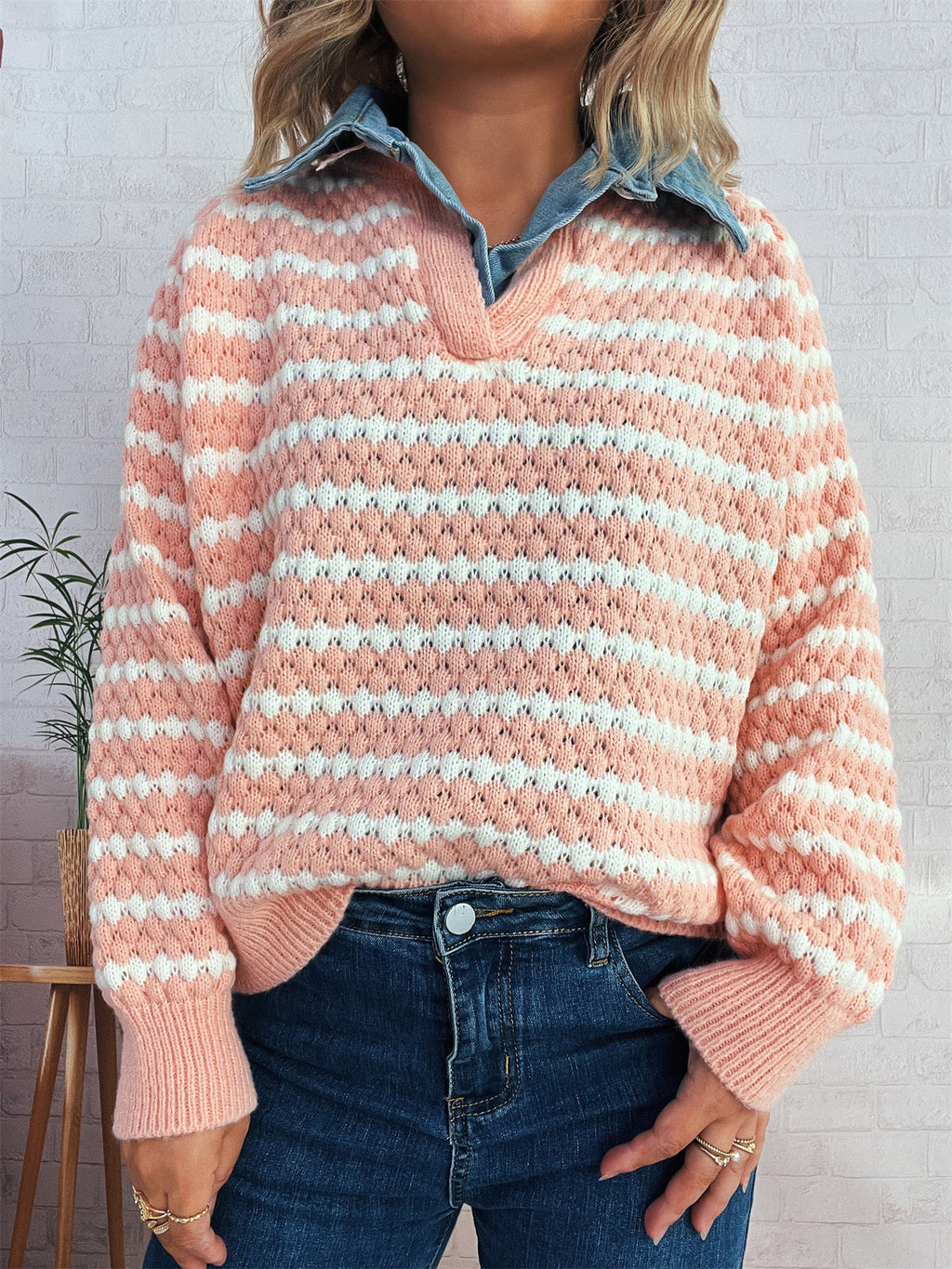 Denim Patchwork Lapel Knitted Stripe Color Block Sweater