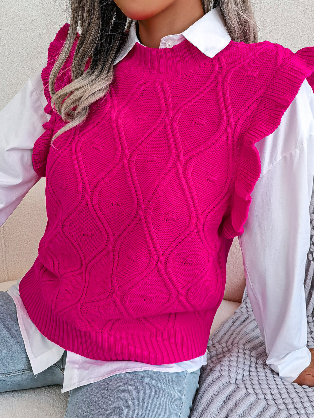 Ruffled Diamond Knit Sweater Vest