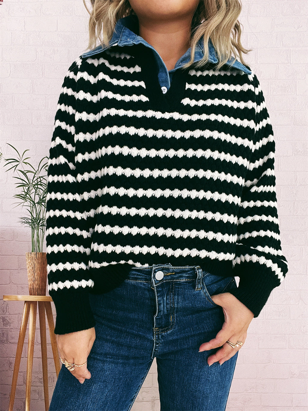 Denim Patchwork Lapel Knitted Stripe Color Block Sweater