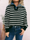 Denim Patchwork Lapel Knitted Stripe Color Block Sweater