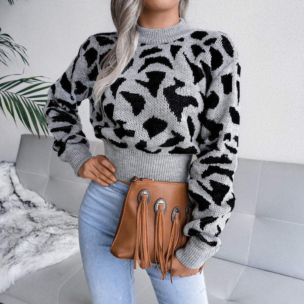 Leopard Print Cinched Knit Cropped Sweater
