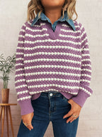 Denim Patchwork Lapel Knitted Stripe Color Block Sweater