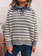 Denim Patchwork Lapel Knitted Stripe Color Block Sweater
