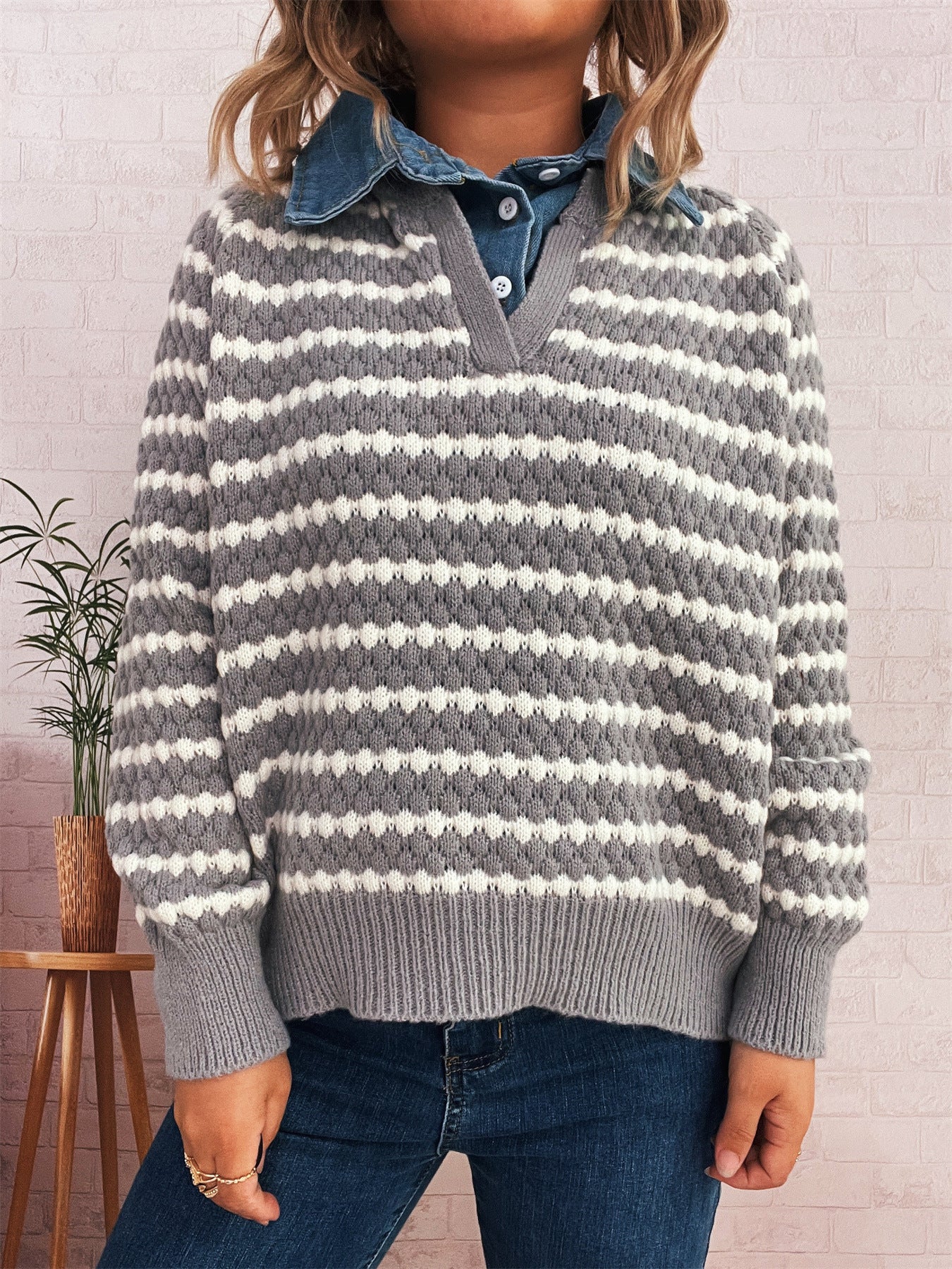 Denim Patchwork Lapel Knitted Stripe Color Block Sweater