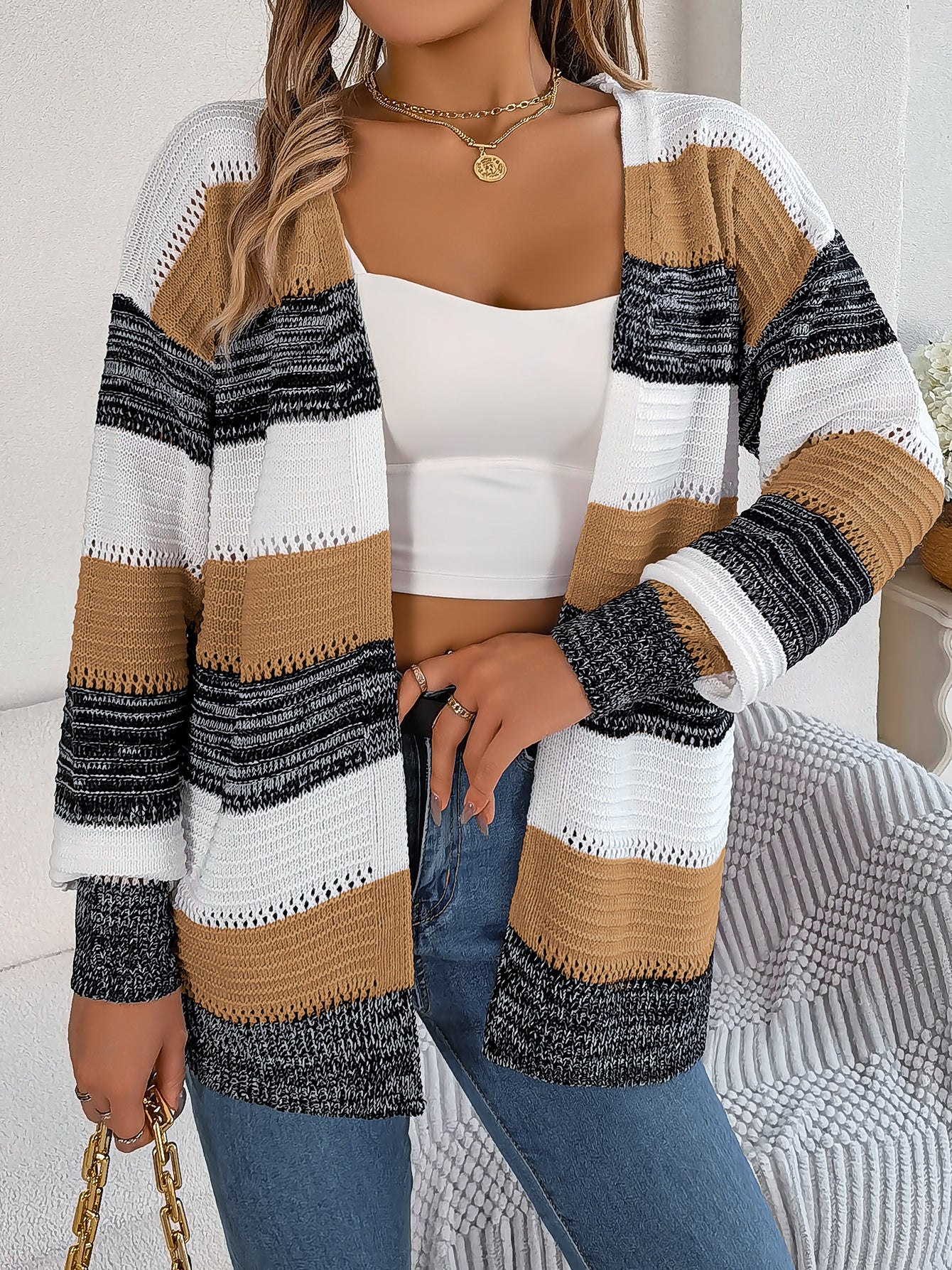 Color Block Stripe Lantern Sleeve Cardigan Sweater