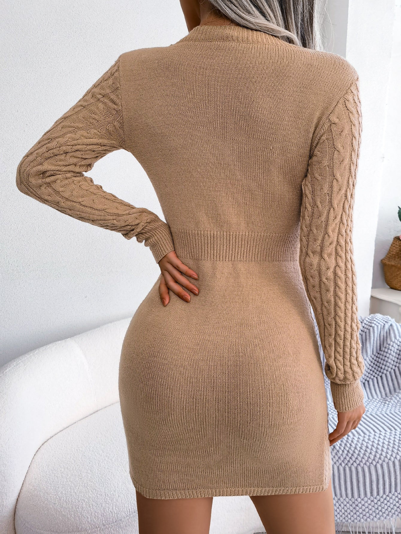Keyhole Cable Knit Cinched Bodycon Sweater Dress