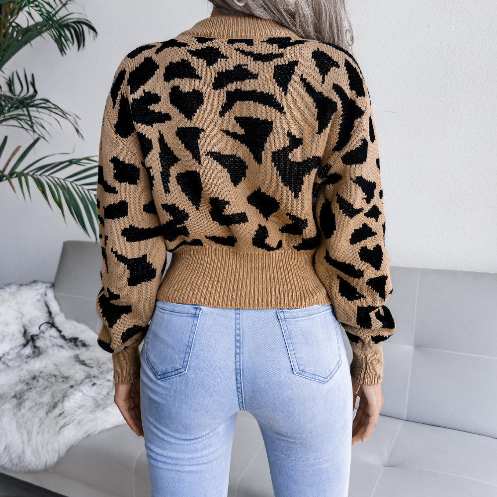 Leopard Print Cinched Knit Cropped Sweater