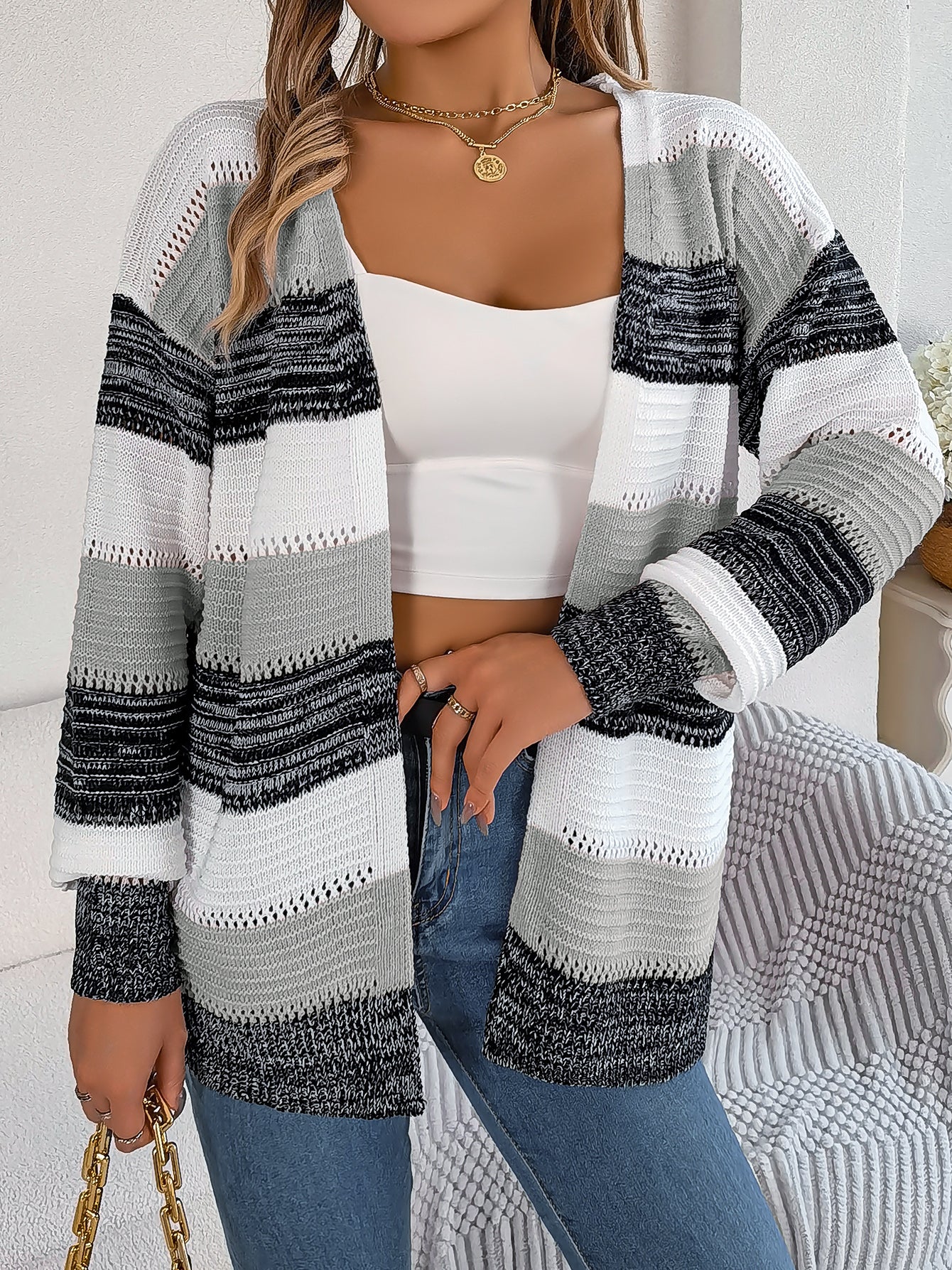 Color Block Stripe Lantern Sleeve Cardigan Sweater