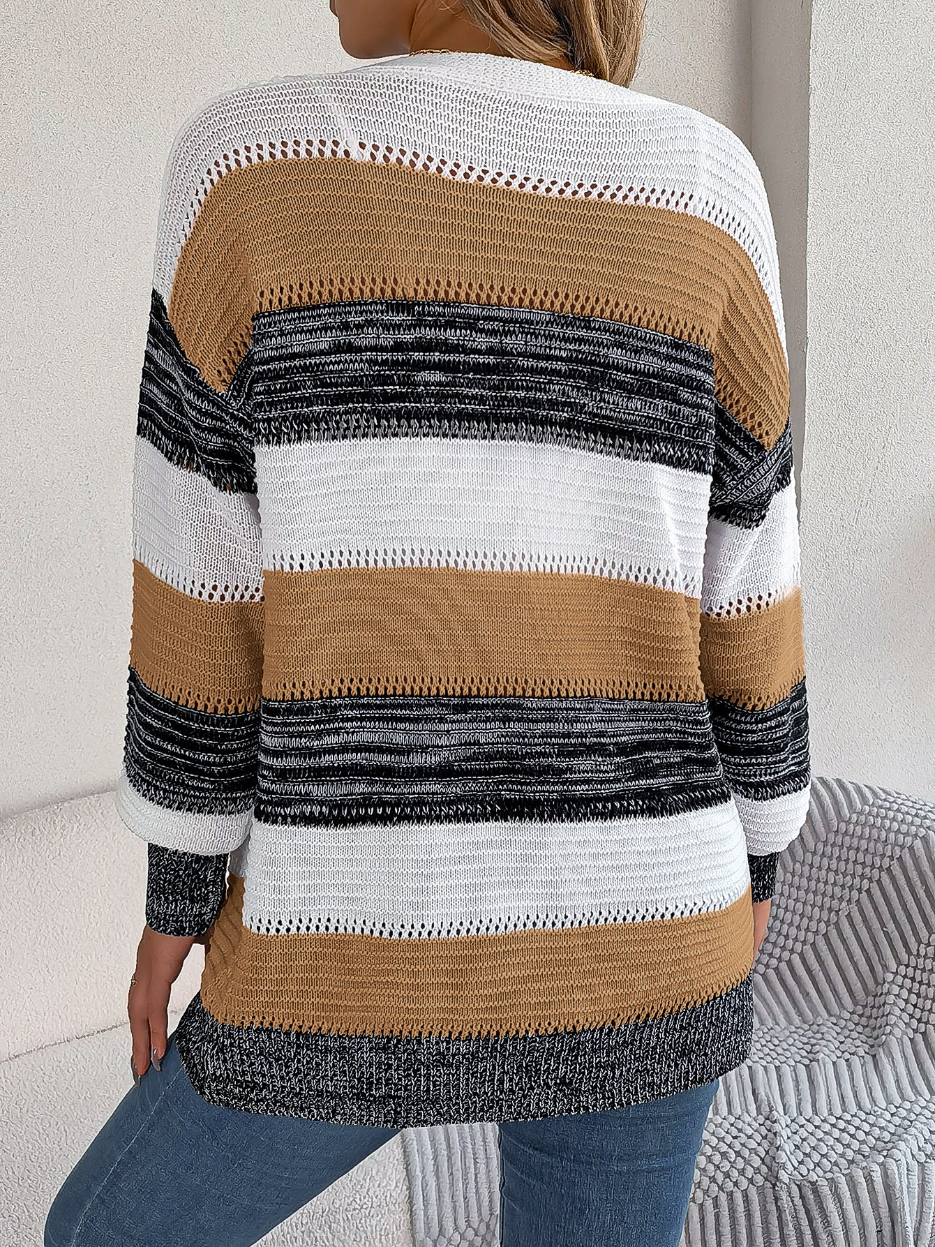 Color Block Stripe Lantern Sleeve Cardigan Sweater