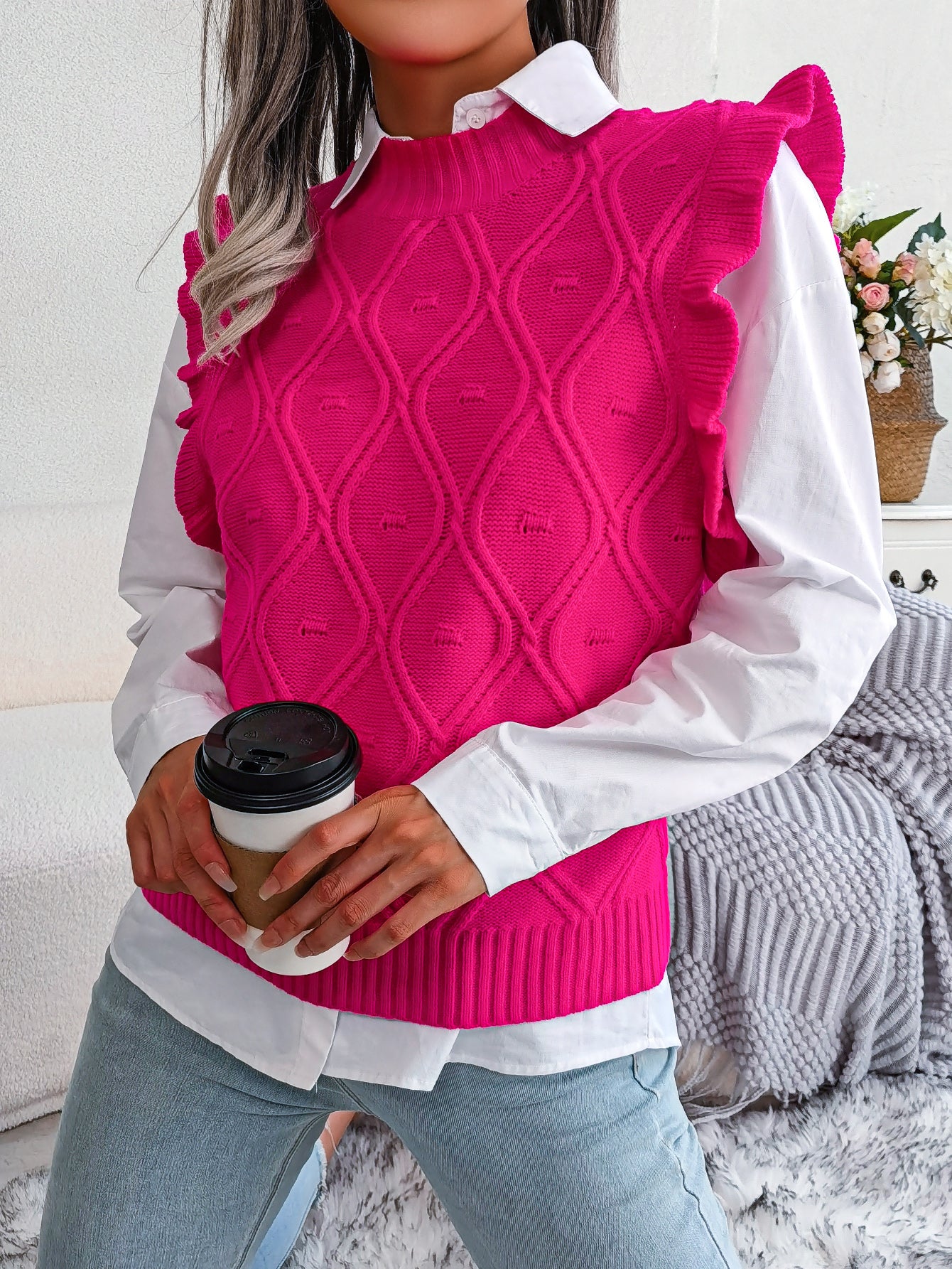 Ruffled Diamond Knit Sweater Vest