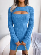 Keyhole Cable Knit Cinched Bodycon Sweater Dress