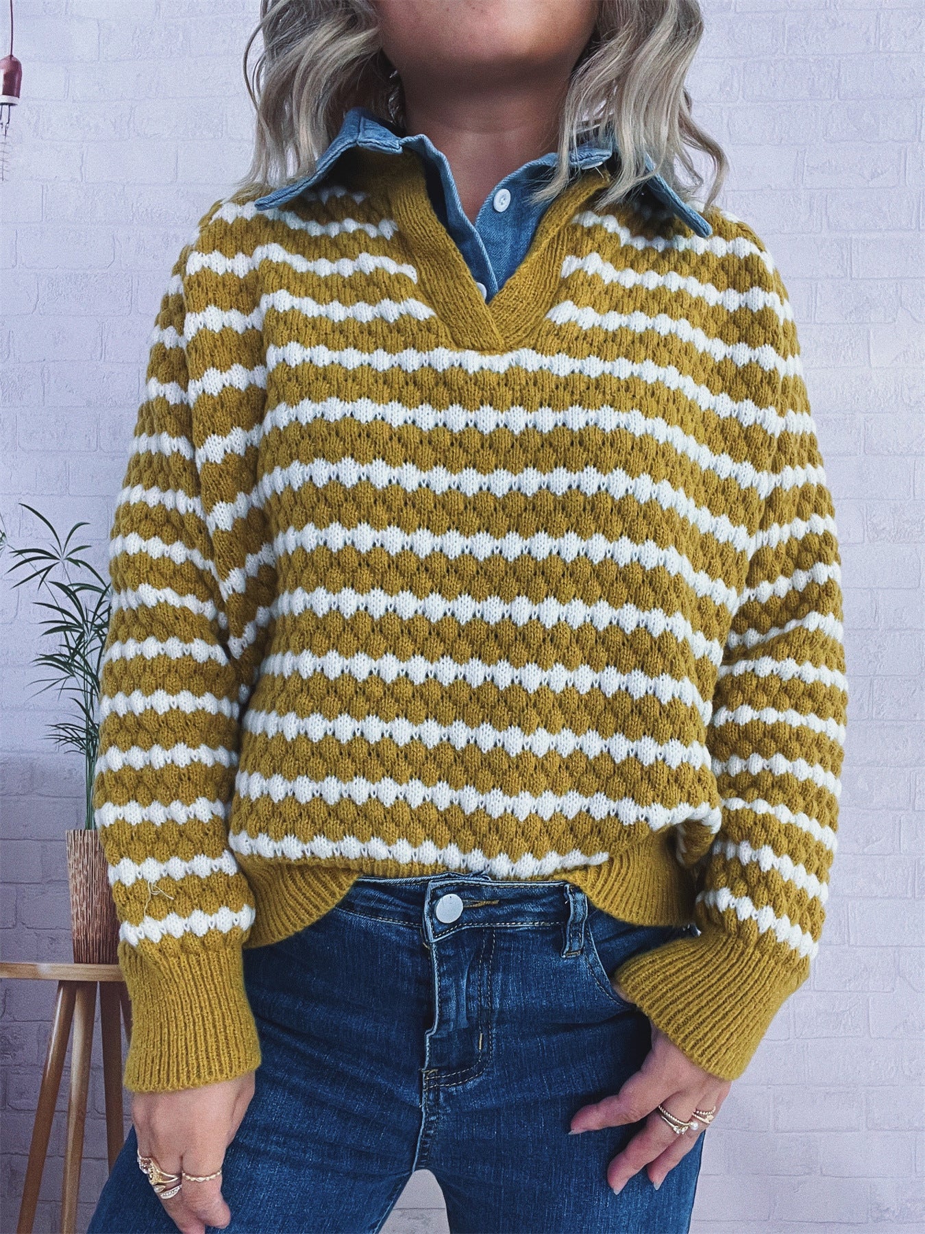 Denim Patchwork Lapel Knitted Stripe Color Block Sweater