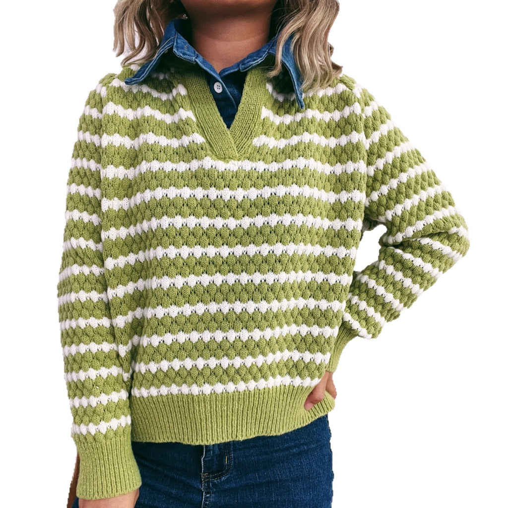 Denim Patchwork Lapel Knitted Stripe Color Block Sweater