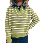 Denim Patchwork Lapel Knitted Stripe Color Block Sweater