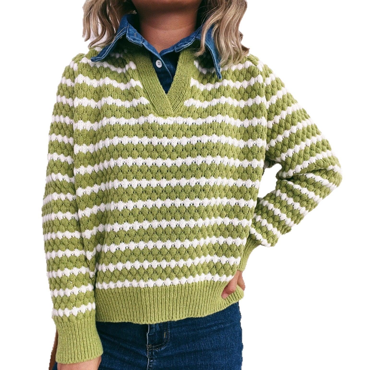 Denim Patchwork Lapel Knitted Stripe Color Block Sweater