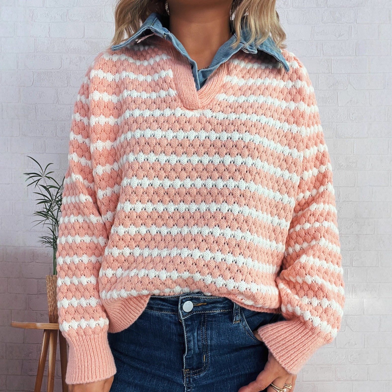 Denim Patchwork Lapel Knitted Stripe Color Block Sweater