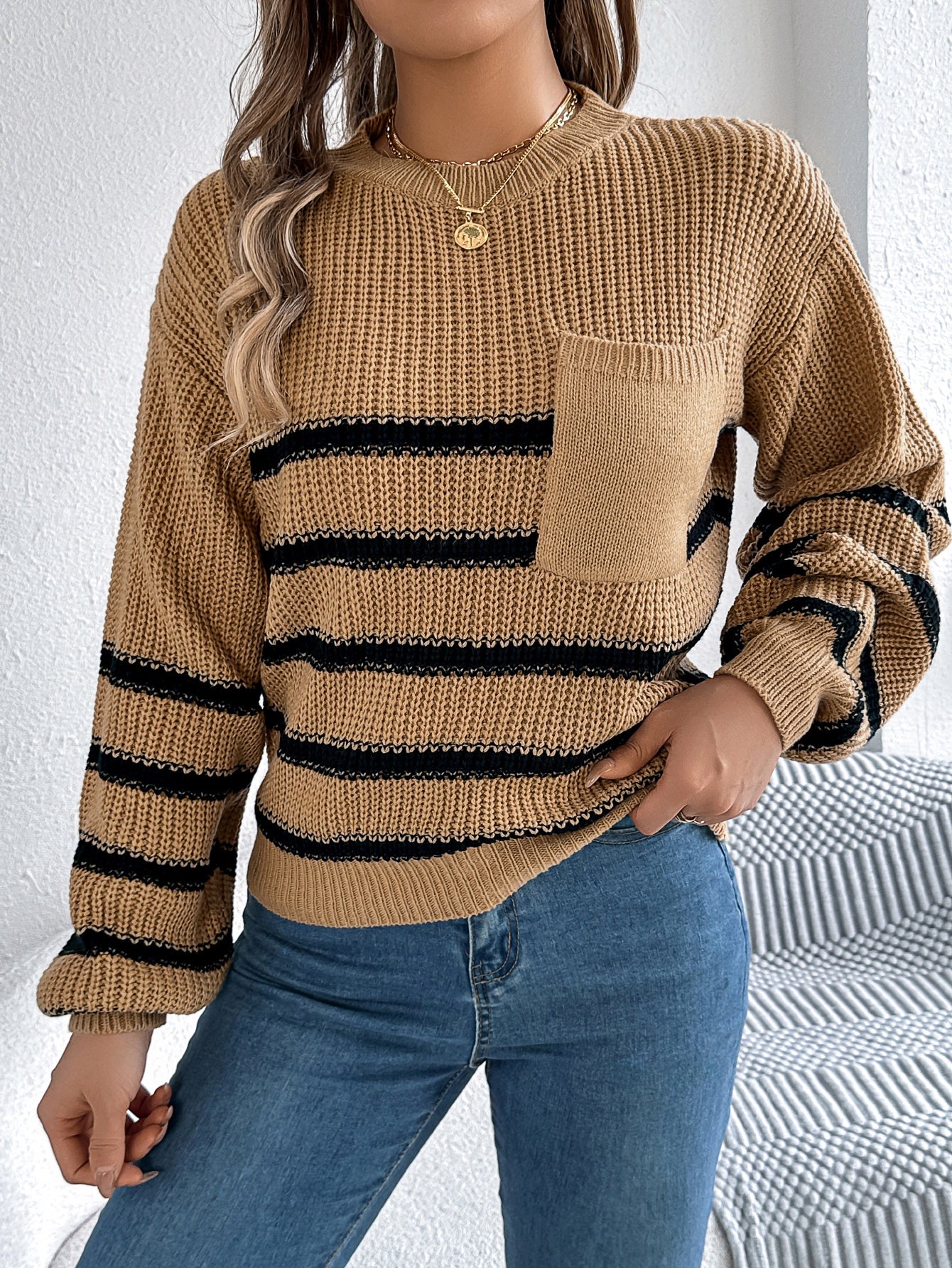 Color Block Stripe Lantern Sleeve Sweater