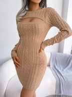 Keyhole Cable Knit Cinched Bodycon Sweater Dress