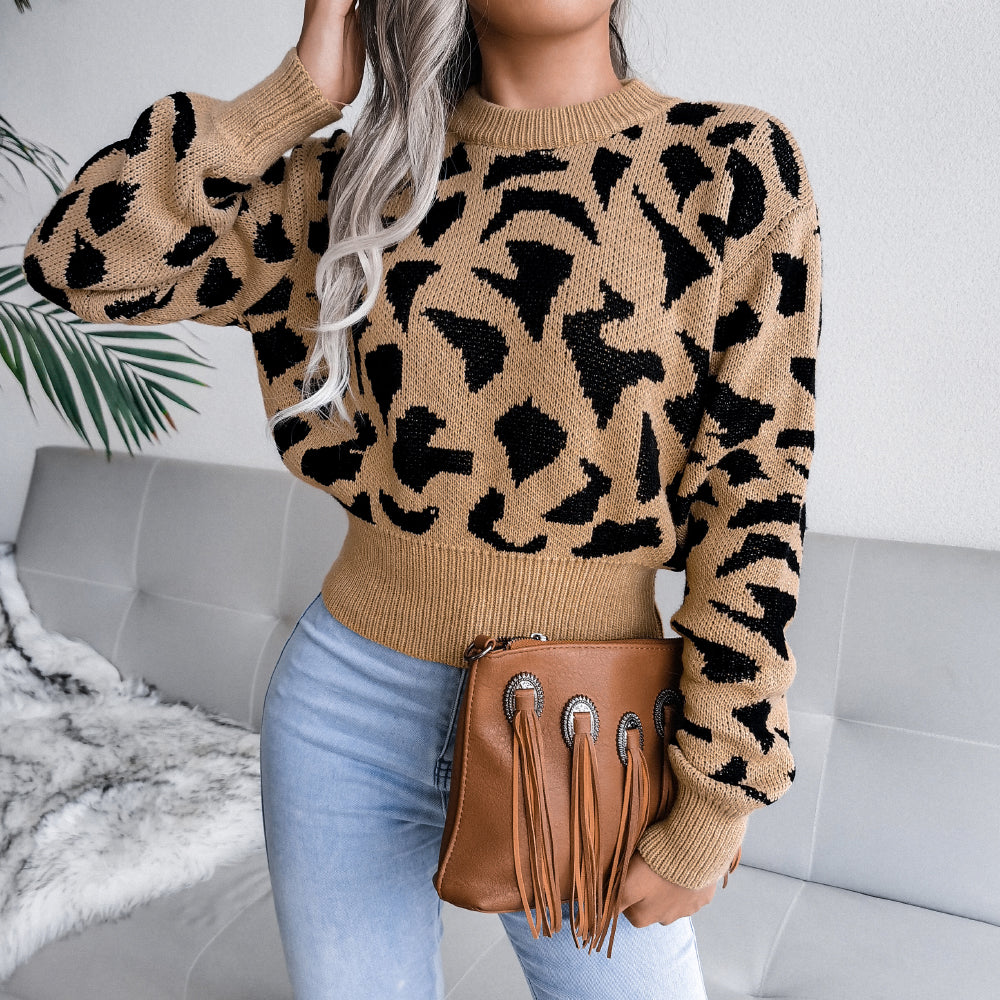 Leopard Print Cinched Knit Cropped Sweater