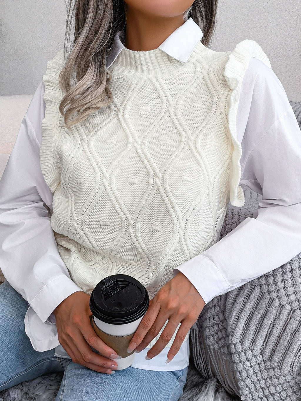 Ruffled Diamond Knit Sweater Vest