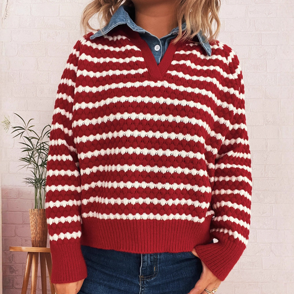 Denim Patchwork Lapel Knitted Stripe Color Block Sweater
