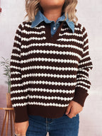 Denim Patchwork Lapel Knitted Stripe Color Block Sweater