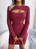 Keyhole Cable Knit Cinched Bodycon Sweater Dress