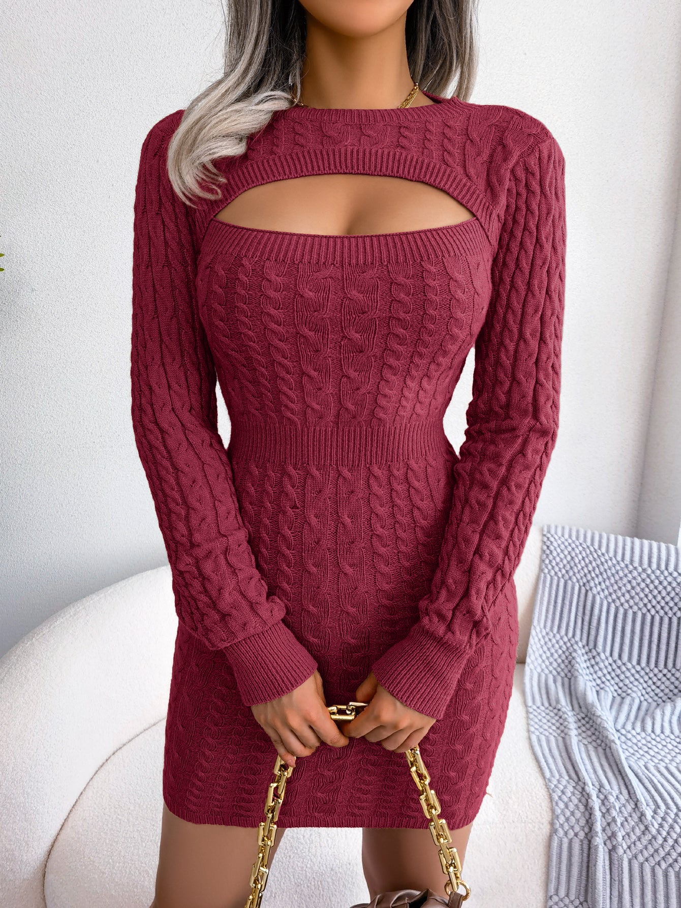 Keyhole Cable Knit Cinched Bodycon Sweater Dress