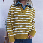 Denim Patchwork Lapel Knitted Stripe Color Block Sweater