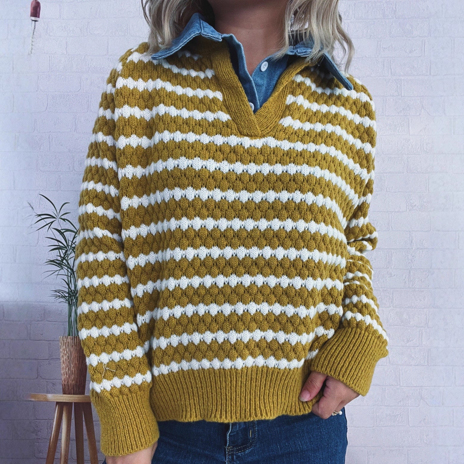 Denim Patchwork Lapel Knitted Stripe Color Block Sweater