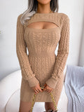 Keyhole Cable Knit Cinched Bodycon Sweater Dress