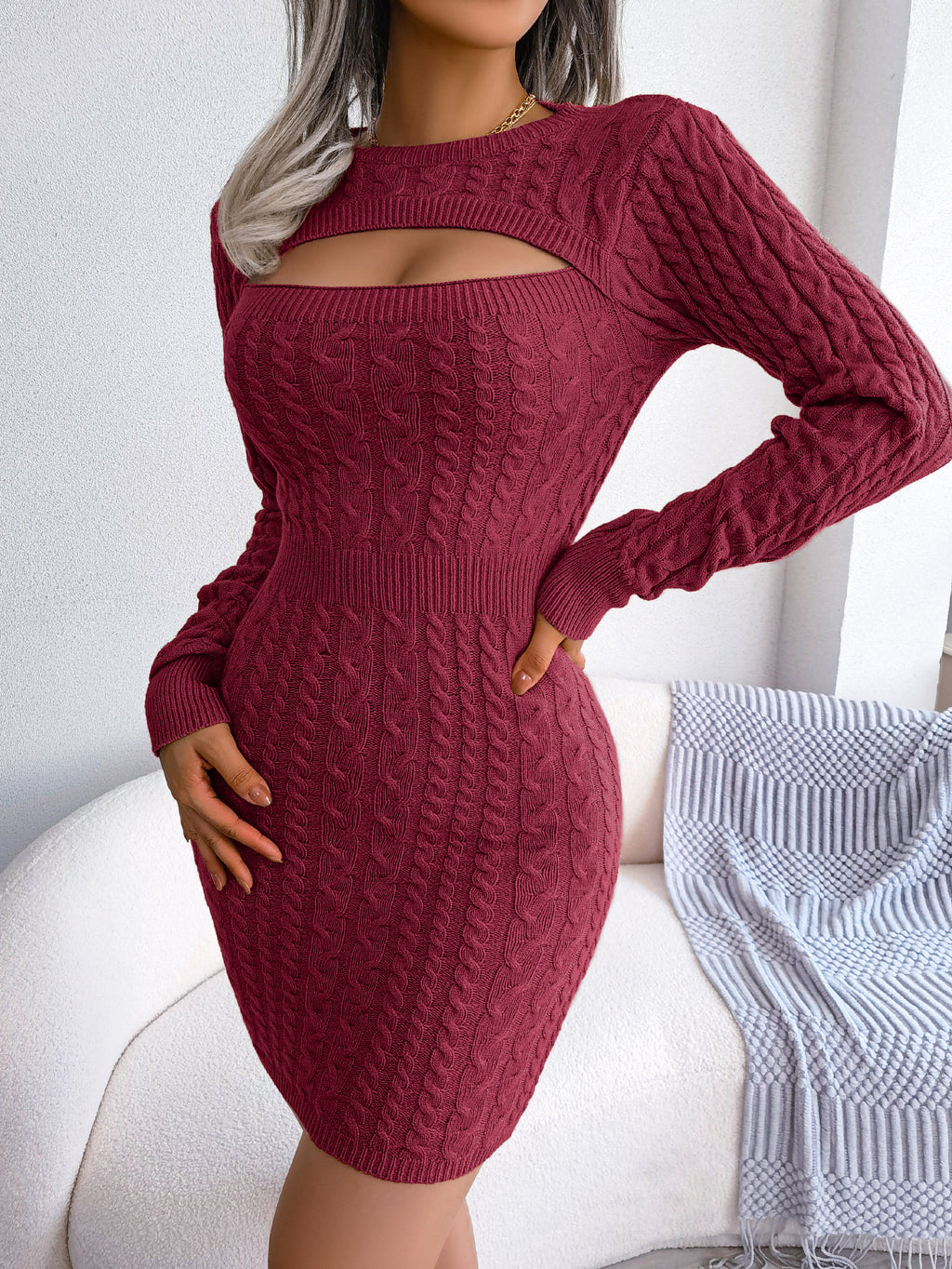 Keyhole Cable Knit Cinched Bodycon Sweater Dress
